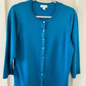 Charter Club (Macy’s) teal blue cardigan sweater, 3/4 length sleeves